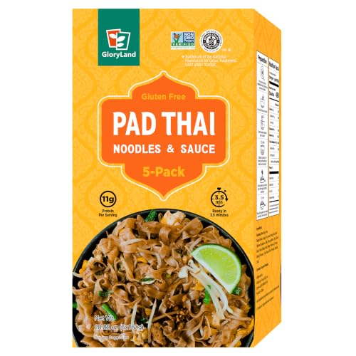GloryLand Pad Thai Noodles & Sauce Meal Kit, Gluten Free Vegan Thai Rice Noodles, Quick Asian Dinner Kit with Pad Thai Sauce, 5.6 oz Pack of 5