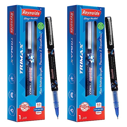 Reynolds TRIMAX 2 CT POUCH - BLUEI Lightweight Roller Pen With Comfortable Grip for Extra Smooth Writing I School and Office Stationery | 0.5mm Tip Size