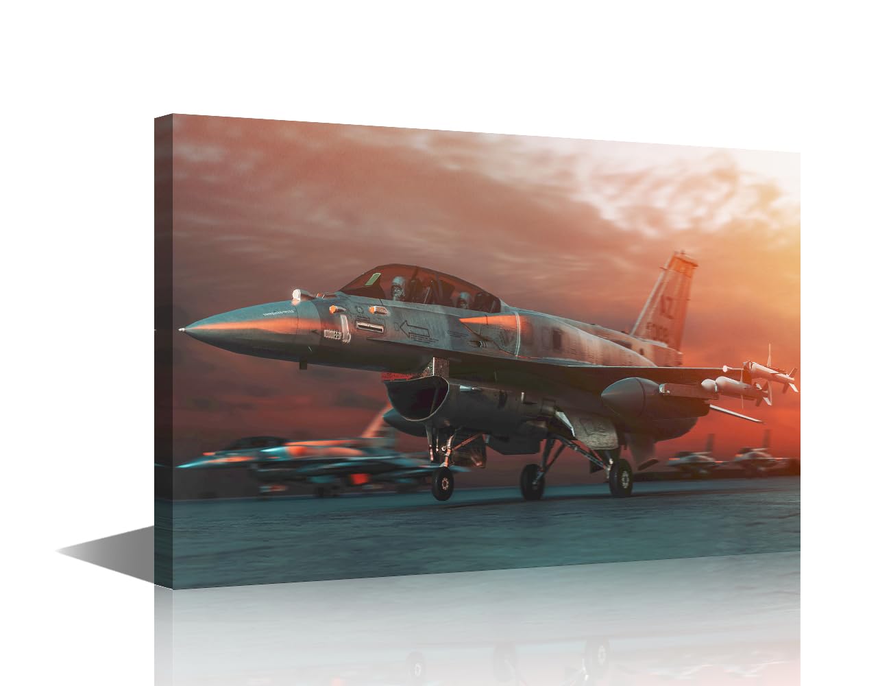 1 Pieces Military Jet Aircraft Parked on Runway in Sunset Pictures Print On Canvas for Living Room Bedroom Wall Decoration, Wooden Framed Gallery-Wrapped Ready to Hang, 24" Wx16 H