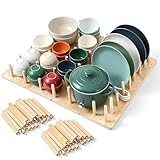 Oqqlin 4 Pcs Pegboard Drawer Organizer with 48 Pegs, 20.98x5.91 Inch Wooden Peg Board Kitchen Plate Organizer for Drawer Pegboard Storage Rack with Adjustable Peg for Tableware, Plate, Bowl, Cookware