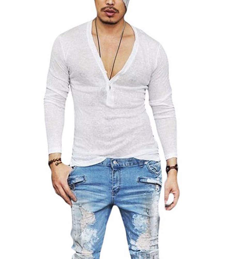 Keepmore Men's White Deep V-Neck Top Blouse Pullover Loose Solid V-Neck Long Sleeve Fitness Sport Breathable