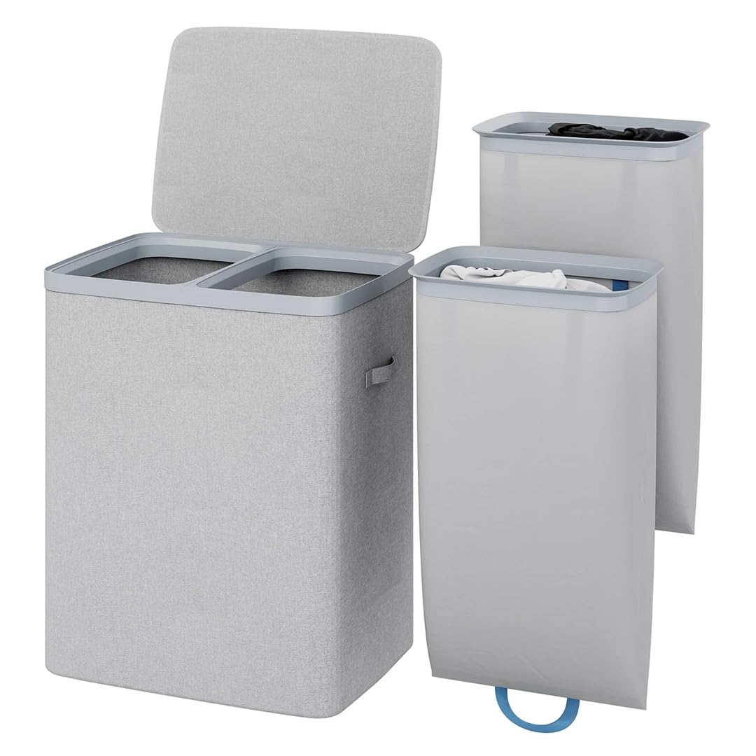 Gr8 Home Grey Large Rectangular Double Laundry Hamper Washing Basket With 2 Compartment Separation Liner Bags Removable Clothes Storage Bin Organiser Box Truck Chest With Lid