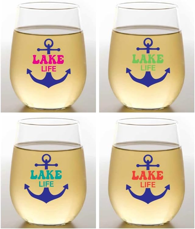 Set of 4 Shatterproof Designer 16 oz Plastic Wine Glasses MADE in the USA (LAKE LIFE)