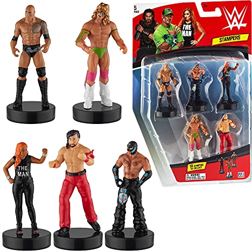 WWE Superstar Stampers, Set of 5 - Self-Inking WWE Superstars for Crafts, Party Decor, Cake Toppers Gifts - Ultimate Warrior, Rey Mysterio, The Rock, and More by PMI, 2.3-2.5 in. Tall.