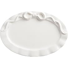 Mud Pie Bow Serving Platter, White Ruffled Oval Platter, 11.5 x 17 Inch