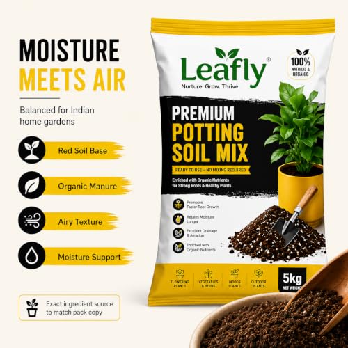 Image of Leafly Ready to Use Potting Soil Mix | Enriched with Vermicompost, Cocopeat, Neem Cake, Mustard Cake Powder, Bone Meal, River Sand & Rice Husk | Nutrient Rich Soil for Indoor & Outdoor Plants 10 kg