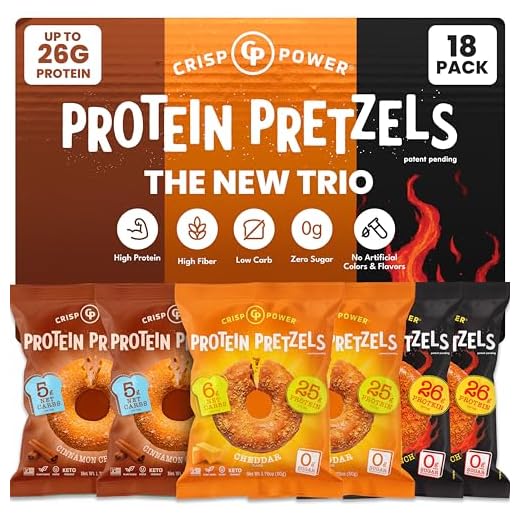 CRISP POWER New Trio Bundle, High Protein Pretzels, Cinnamon Crunch, Cheddar & Flamin’ Crunch, Sweet, Cheesy & Spicy Variety, Low Carb Snack, Vegan, 6 Pack