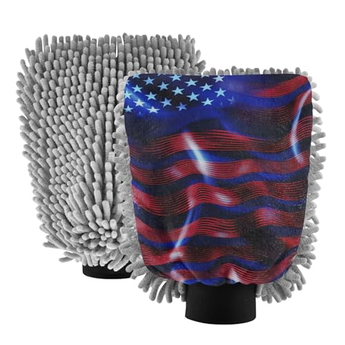 IOACIY Absorbent Microfiber Car Wash Drying Mitts, 2 Pack, Scratch-Free & Lint-Free, Rich Foam, Highly Absorbent, Double Sided, Wash Mitt Perfect for Car Washing, M, American Flag (2)