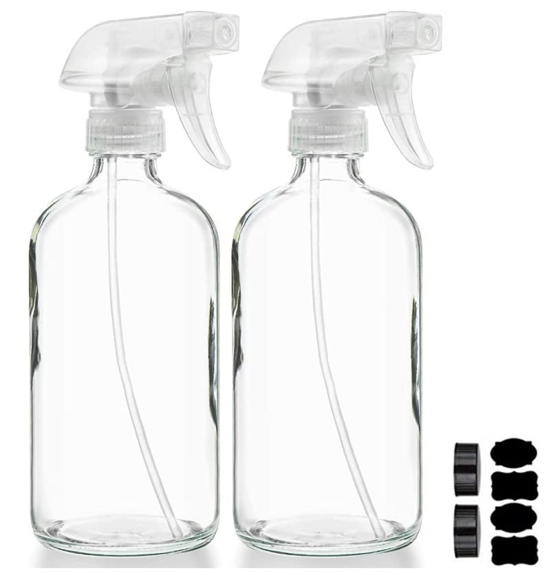 FUFU Empty Clear Glass Spray Bottles Refillable oz Containers for Essential, Cleaning Products, Aromatherapy, Misting Plants, or Cooking Reliable Sprayer with Mist and Stream Settings 2 Pack (8oz)