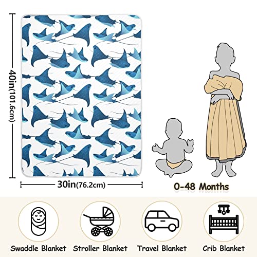 Image of Swaddle Blanket Manta Ray Fish Marine Animal Cotton Blanket for Infants, Receiving Blanket, Lightweight Soft Swaddling Blanket for Crib, Stroller, Nursery Blankets, 30X40In White