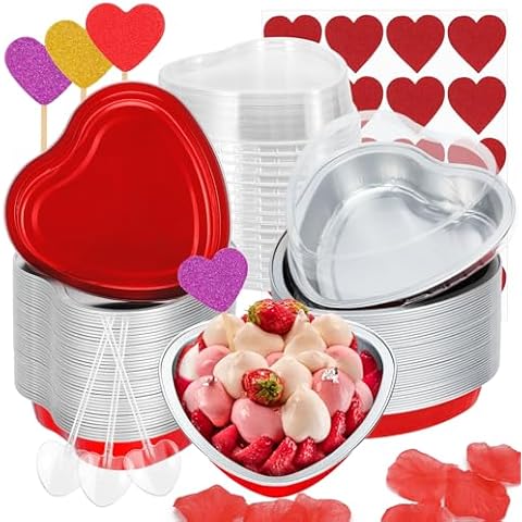 Colovis 255ml/8.7oz Heart Shaped Cake Pans with Spoons,60 Pack Disposable Mini Cake Pans with Lids Aluminum Heart Cake Pans for Valentine's Day Wedding Parties Cover