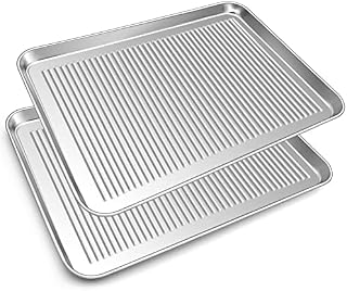 Baking Tray Set of 2, Herogo Stainless Steel Oven Tray (23x17x2.5cm), Rectangle Metal Baking Sheet Pan for Cooking Baking, Textured Design & Mirror Finish, Non-Toxic & Dishwasher Safe, Silver