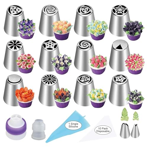 Lot de 27 Douilles à Pâtisserie Russes, Kit Décoration de Gâteaux Sacs de Tuyauterie Buses, Compris 12 Embouts de Glaçage à Fleur 2 Embouts Feuilles 2...