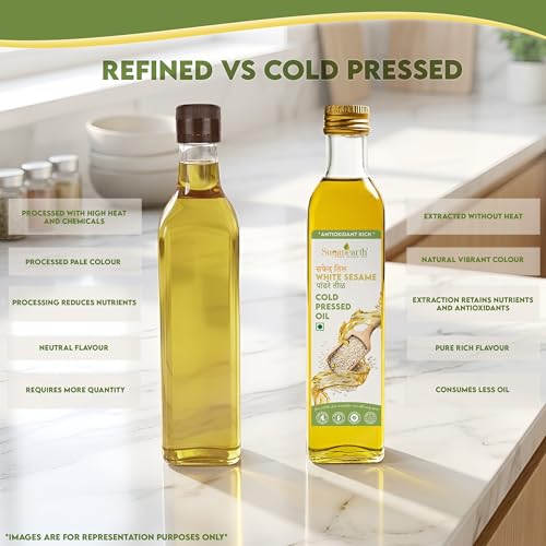 Image of Sugan Earth Cold Pressed White Sesame Oil 450ml | 100% Pure & Natural Til Oil | Kachi Ghani Sesame Seed Oil, GingellyOil | Unrefined, Chemical free, Rich in Antioxidants | Pure Edible Oil For Cooking, Skin & Hair Care