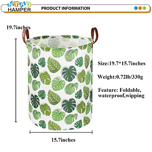 Image of NTAOHAMPER Round Green Laundry Hamper, Jungle Themed Nursery Decor, Tropical Pattern Basket, Monstera Room Decor,Waterproof Storage Bin, Gift Basket(Leaf)