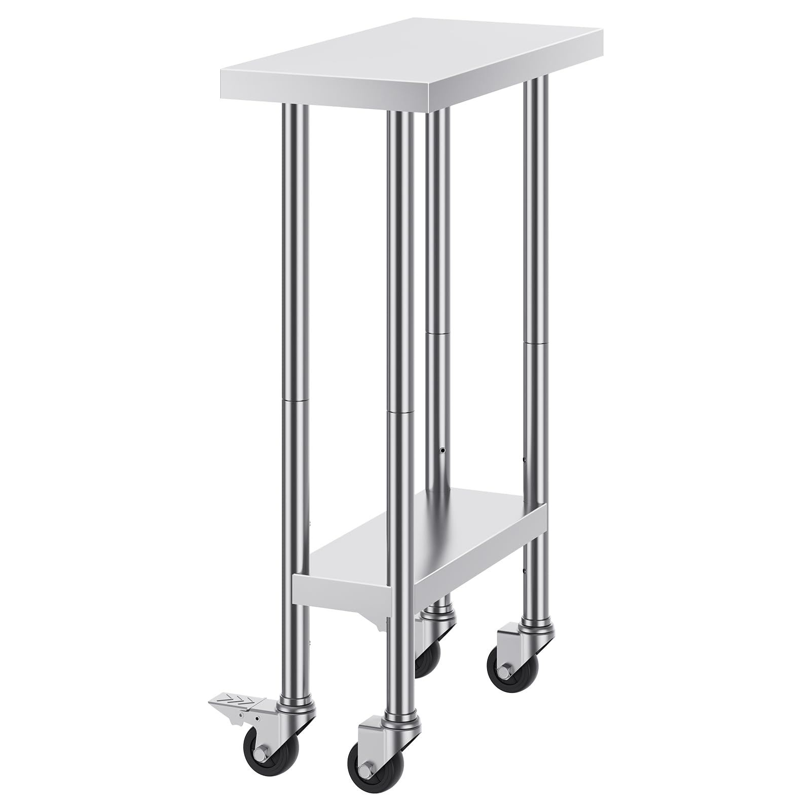 Happybuy 24 x 12 x 38 Inch Stainless Steel Work Table, 500 LBS Capacity, 4 Wheels, Adjustable Height, Heavy Duty Food Prep Table for Commercial Kitchens