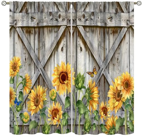 wlsgdsg Sunflower Curtains, Vintage Rustic Farm Wood Panel Watercolour Sunflower Plant Flower Butterfly Decor Windows Treatments, Thermal Insulated Drapes for Boys Girls Bedroom Living Room 42x45in