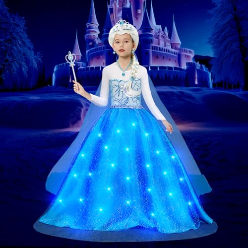 G.C Girls Light Up Elsa Frozen Dress Costume Toddler Princess Dress Up With Cape Kids Elsa Wig Crown Wand Toys Halloween Cosplay Birthday Party Gifts thumb #1