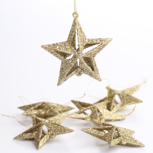 Package of 48 Holiday Gold Glitter 3D Ornament Stars for Decorating, Embellishing and Crafting