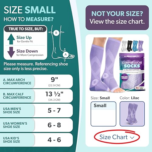 Image of BraceAbility Compression Socks for Circulation - 20-30 mmHg Knee High Neuropathy Open Toe Stockings for Varicose Veins, Swelling, RLS, Medical Toeless Support for Men or Women - 1 Pair (S - Lilac)