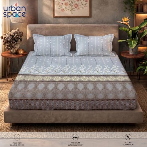 Image of Urban Space Serene 100% Cotton Bedsheet for Double Bed, Floral Queen Size Bed Sheet with 2 Pillow Covers (88 x 100 Inches, Origami Brown)