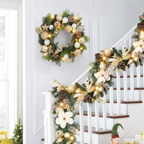 GAOMON Christmas Wreath for Front Door, 24 Inch Outdoor Christmas Wreath, Battery Operated Xmas Wreath with Gold White Ball Ornaments Pine Cones and 20 LED Lights for Home Holiday Decor