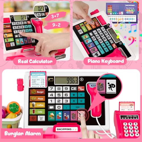 Image of Kids Cash Register Toy Playset, Toddler Prentend Play Store with Real Calculator Cash Register with Scanner /Credit Card /Play Money /Food, Learning Toys for Boys Girls Toddlers(Pink)