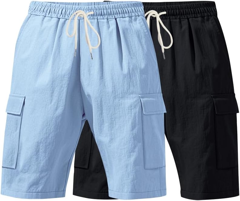 Mens Casual Shorts Summer Beach Elastic Waist Drawstring Shorts Lightweight Quicky Dry Vacation Shorts 2 PACK Small Blue/Black image 5 of 6 B0DXL6P1NQ