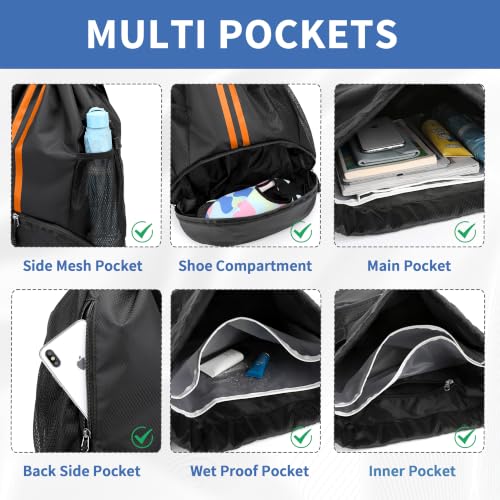 Image of JELUTAR Drawstring Backpack Gym Bag with Shoes Compartment, Black Orange