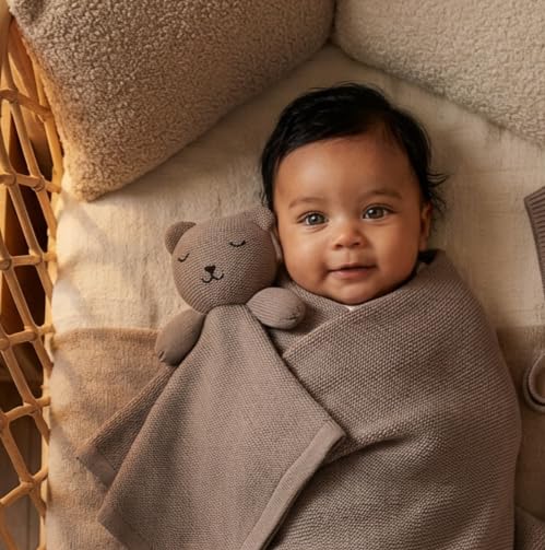 Image of Baby Gift Set - Organic Cotton Newborn Blanket and Lovey Security Blanket Set, Newborn Gifts, Baby Boy Shower Gifts (Lovey - Bear - Milk Chocolate)