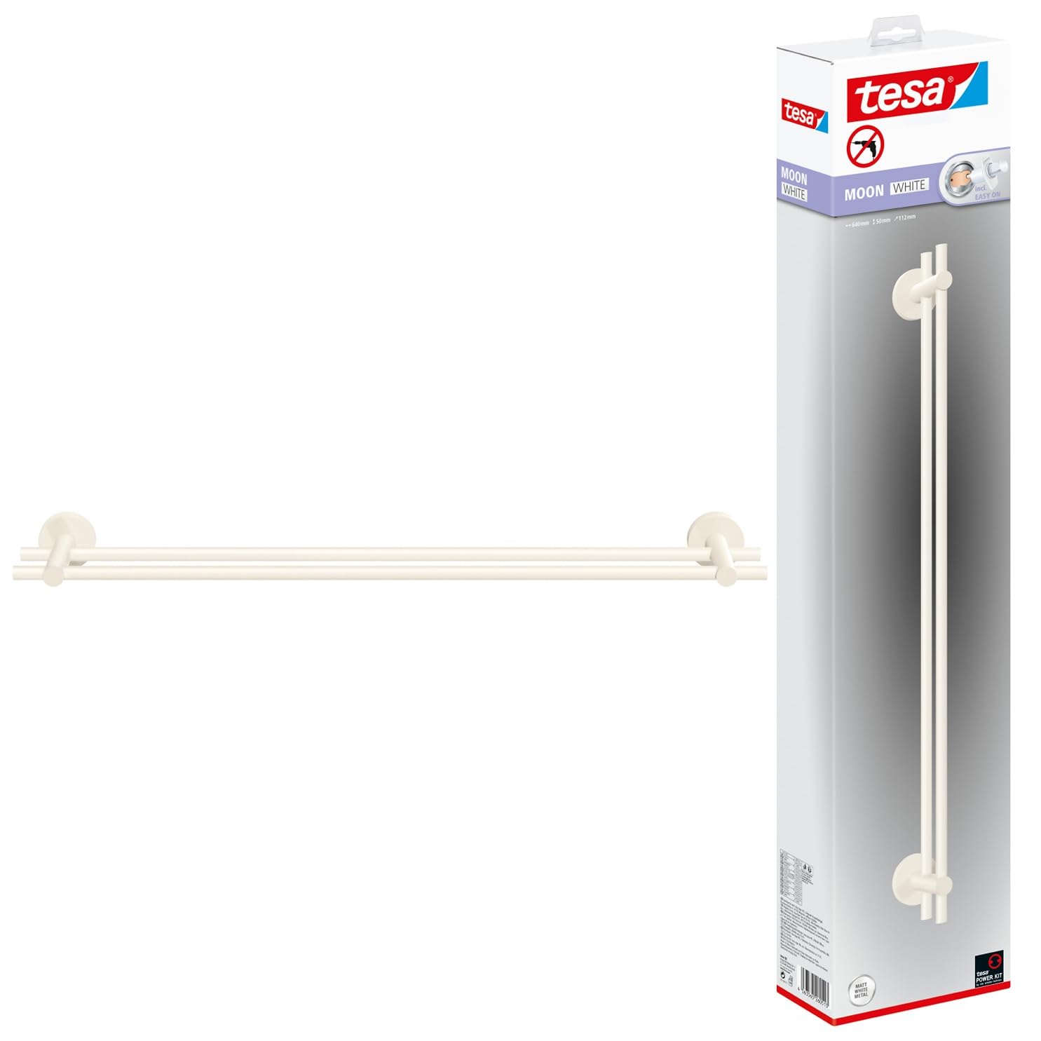 Tesa Uk White Tesa Moon Towel Rail - No Drill Towel Holder - Matt - Waterproof - Includes Removable Glue Solution - 112 Mm X 640 Mm X 50 Mm