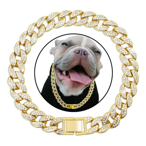 XYHAOAI Collare Cubano in Argento con Catena e Diamanti, Metallo con Fibbia di Sicurezza per Cani di Piccola, Media e Grande Taglia, Gatti, d'Oro, 22inch 55cm