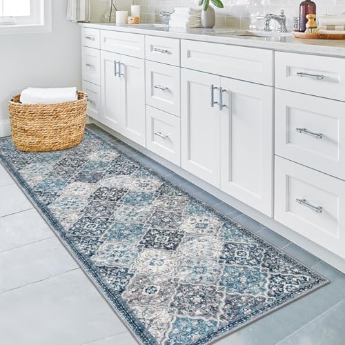 KILOCOCO 2x7 Runner Rug, Moroccan Super Soft Washable Hallway Runner Rug, Accent Print Faux Wool Kitchen Runner Rug 7 Feet Non-Slip Runners Boho Rug Runners for Laundry Room Bedroom, Blue/Multi