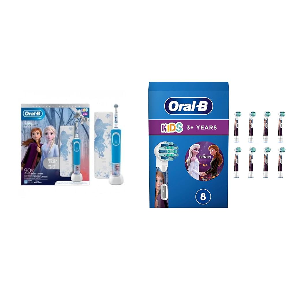 Oral-B Spazzolino Elettrico Ricaricabile Bambini Frozen+3 Anni, Custodia da Viaggio + Oral-B Kids 3+ Testine Spazzolino Elettrico Frozen, Confezione da 8 Testine di Ricambio