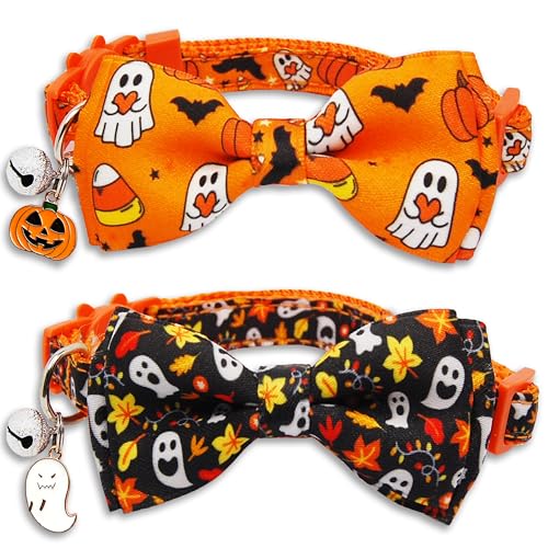 Halloween Cat Collar Set 2 Pack Holiday Spooky Ghost & Pumpkin Adjustable Collars with Bow Tie & Bells Safety Breakaway Buckle for Boys and Girls Kitties Kittens
