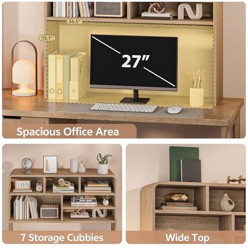 Image of 5-Tier Desk Shelf, 37.4''W Desktop Bookshelf for Computer Monitor, Desktop Organizer Shelf Storage Rack with 6 Cubbies, 5-Level Desk Hutch Display Rack for Home, Office, Dorm, Vanity, Natural
