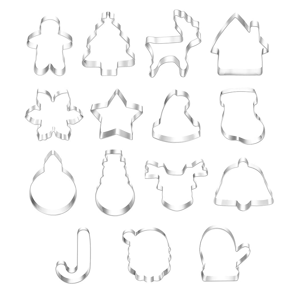 Jazuaiao 15 Pieces Cookie Christmas Cookie Biscuit Stamper Cutter Cake Decoration Children Biscuits Baking Gadgets Christmas Molds for Baking Shapes for Chocolate Metal