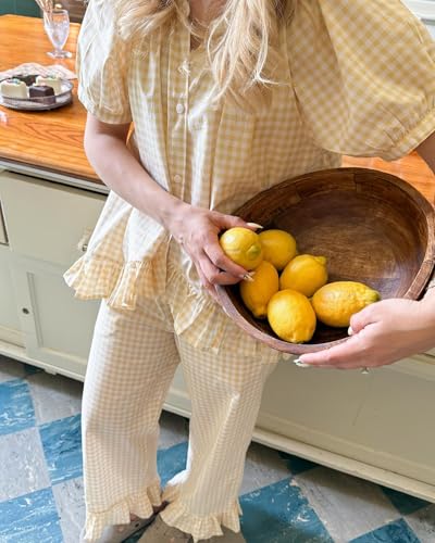 Image of Argeousgor Women Plaid 2 Piece Pajama Set Button Down Puff Sleeve Babydoll Shirt Gingham Pants Pj Lounge Set Sleepwear