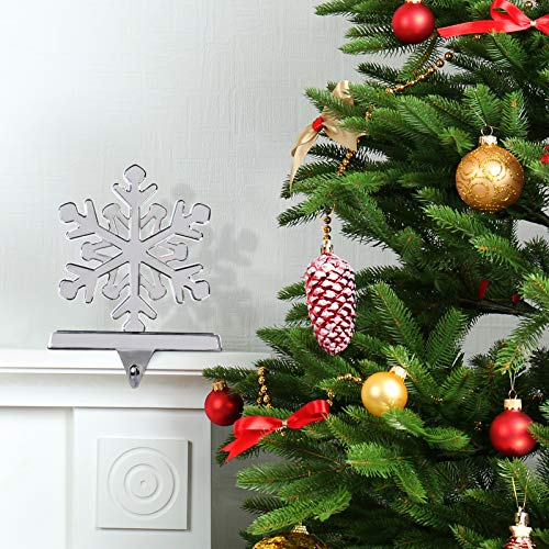 Fowecelt 3D Snowflake Christmas Stocking Hanger Silver Metal Mantle Stocking Holders for Mantel Shelf Tv Stand Christmas Holiday Decorations