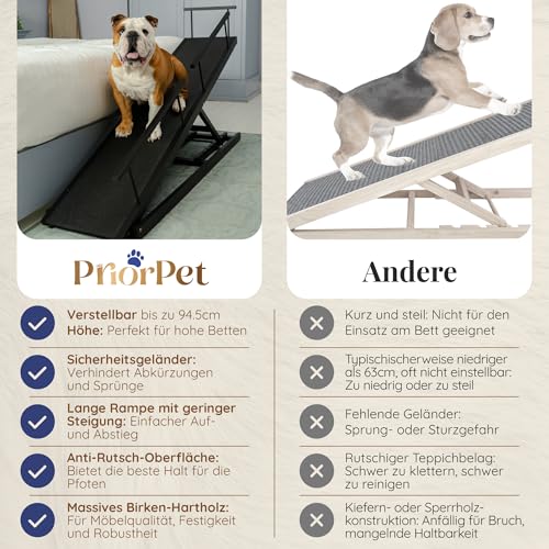 Hunderampe Bett PRIORPET aus Birkenholz mit Sicherheitsgeländer - Höhenverstellbare hundetreppe für Betten bis zu 94.5cm - Klappbar - Anti-Rutsch-Griff - Für kleine Hunde bis zu 23kg - Schwarz
