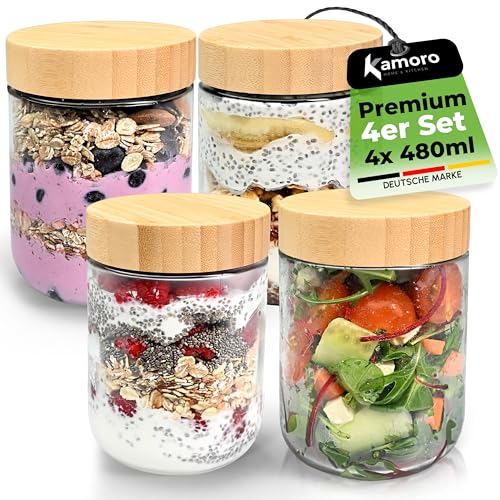 Overnight Oats Gl&auml;ser 4er Set &ndash; Luftdichte Vorratsgl&auml;ser mit Bambusdeckel 480 ml &ndash; Ideal f&uuml;r Overnight Oats, M&uuml;slibecher to go, Porridge, Joghurt & Marmelade - Nachhaltige Meal Prep Gl&auml;ser