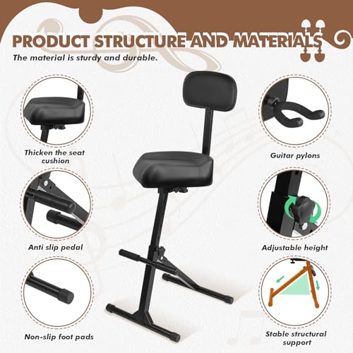 Image of Saddle Guitar Stool with Back Support and Guitar Hanger, Height Adjustable Saddle Seat, Musician Stool Guitarist Throne Guitar Chair, Black