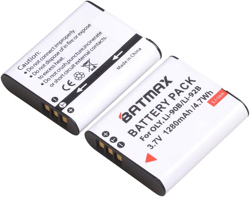 Batmax 3Pcs 1280mAh Li-90b LI-92B Battery + LED USB Charger with Type C Port for Olympus Tough TG-6, TG-5, TG-Tracker, Tough TG-1 iHS, Ricoh DB-110 and Ricoh Theta X, WG-6, G900, GR III, GR II Cameras