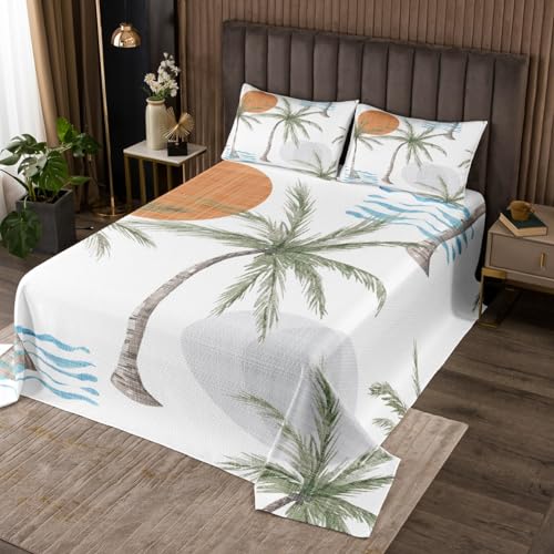 Coconut Tree Palm Leaves Coverlet Set Chic Orange Sunset Print Quilted Coverlet Watercolor Tropical Plant Comforter Set Bedspreads Quilt Set for Children Kids Coverlet Set,Twin Size 2 Pcs