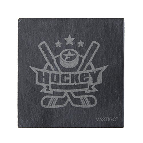 Vastigo Square Shaped Slate Coasters In Bamboo Holder W/Sports Designs Of Football, Baseball, Hockey, And Basketball | Original Lasered Etched Designs | Helps Protect Table Surfaces #TOP6