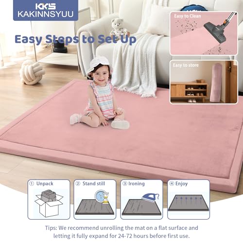 Image of 2-Inch Extra Thick Baby Play Mat for Floor, 59 inchx39 inch Large Ultra Soft Pink Rug, Nursery Rug with Powder-Free Memory Foam & Non-Slip Base for Tummy Time, Perfect for Baby Girl Room Decor
