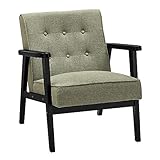 SONGMICS Accent Leisure Chair, Mid-Century Modern Arm Chair with Solid Wood Armrests and Legs, 1-Seat Cushioned Sofa for Living Room Bedroom Balcony Studio, Olive Green ULAC001C01