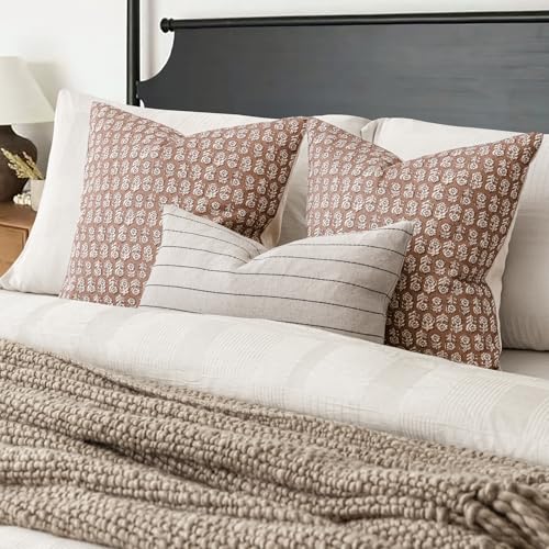 Image of Foindtower Set of 2 Decorative Neutral Floral Print Throw Pillow Covers Vintage Farmhouse Cushion Covers Boho Home Decor for Sofa Chair Couch Bedroom Living Room,18x18 Inch,Light Orange Brown