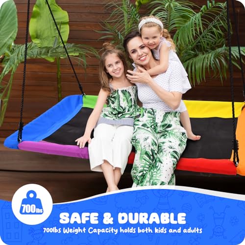 Image of Trekassy 60 inch Rectangle Platform Tree Swing for Kids Adults, 700lb Capacity Outdoor Giant Swing, 900D Oxford Waterproof Flat Swings with 2 Hanging Straps for Backyard - Rainbow (Patented)