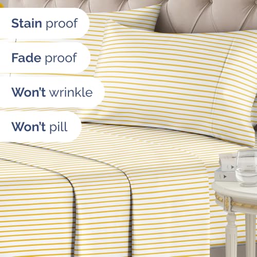 Image of Cal King 4 Piece Striped Sheet Set - Soft & Cooling - Yellow Pencil Stripes | 1 Flat, 1 Fitted & 2 Pillowcases w / Deep Pockets, Luxury Striped Bedding, Soft, Breathable & Cooling, Wrinkle & Fade Free